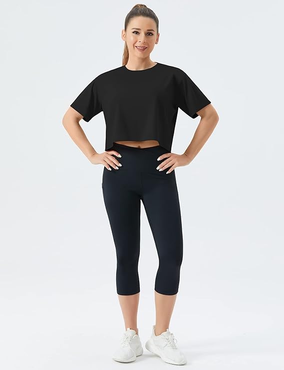 Women's Workout Crop Top T-Shirt Yoga Running Cropped Basic Tee Black