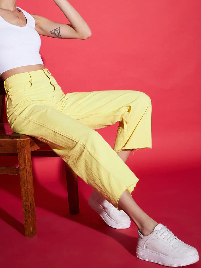 Women Yellow Raw Edge Jeans