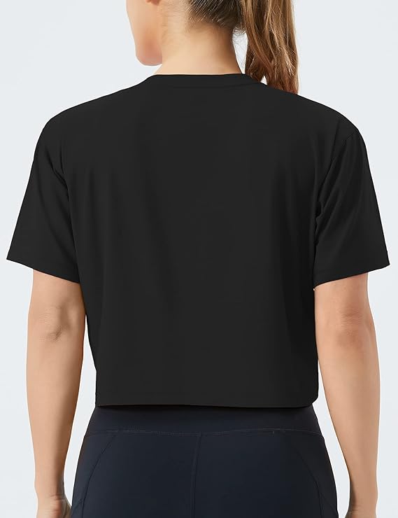 Women's Workout Crop Top T-Shirt Yoga Running Cropped Basic Tee Black - Back View - AceCart