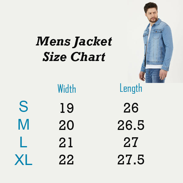 Mens Denim Jacket Light Blue - Size Chart View - AceCart