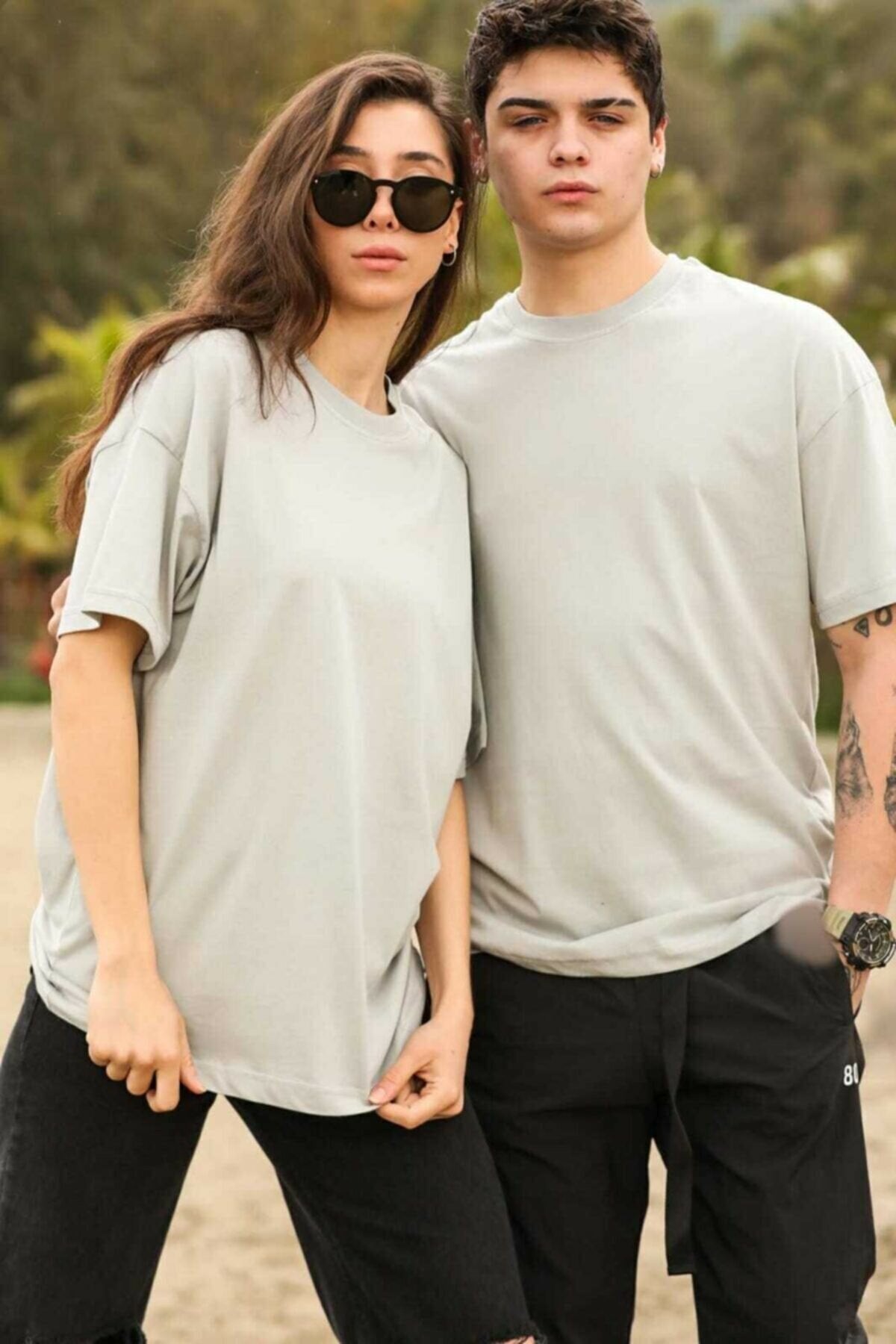 Pack Of 2 Basic Couple T-Shirt Grey - Front View - AceCart