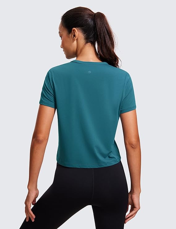 Women's Workout Crop Top T-Shirt Yoga Running Basic Tee Teal - Back View - AceCart