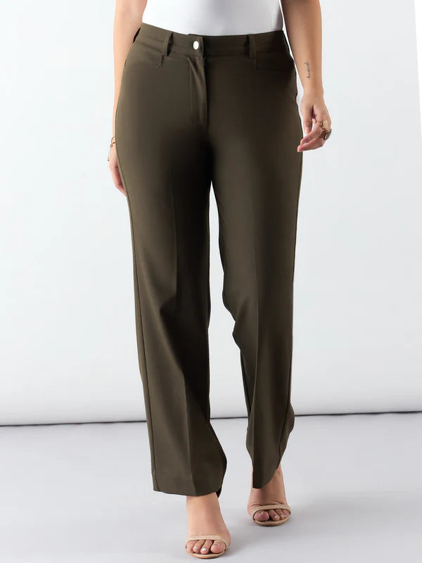 Olive Regular Fit Mid Waist Trouser Pant