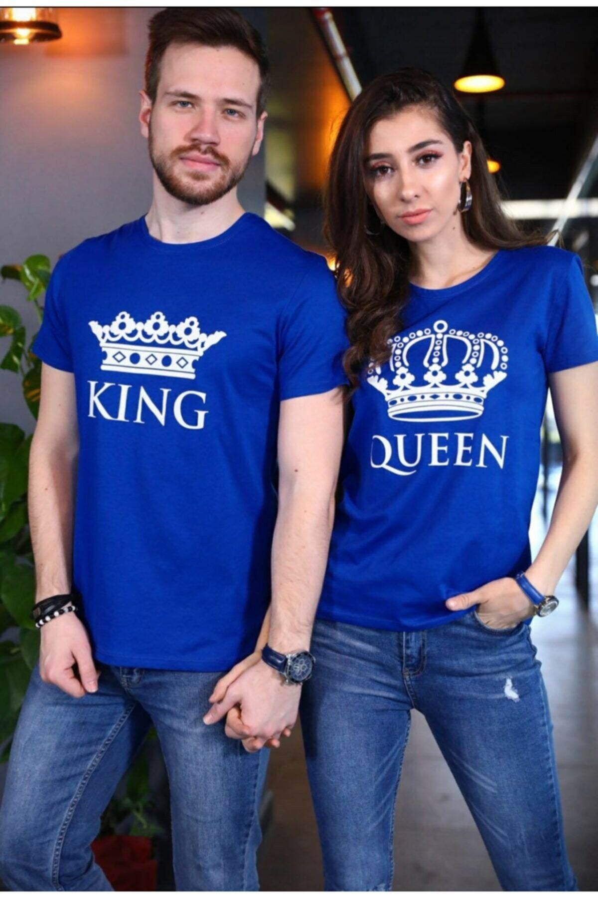Pack of 2 Basic Couple Printed T-Shirt Blue - Front View - AceCart