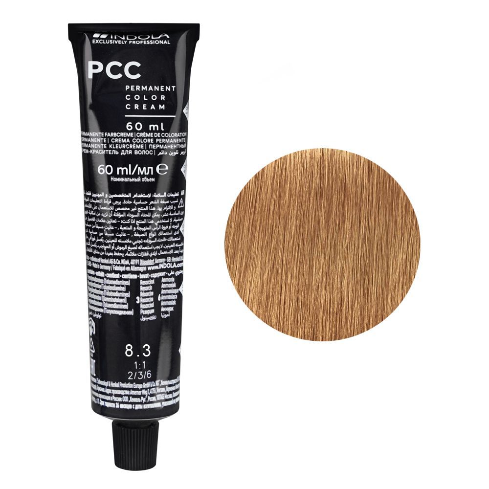 Indola PCC Fashion Permanent Hair Color Cream, 60ml, 8.3 Light Blonde Gold - Front View