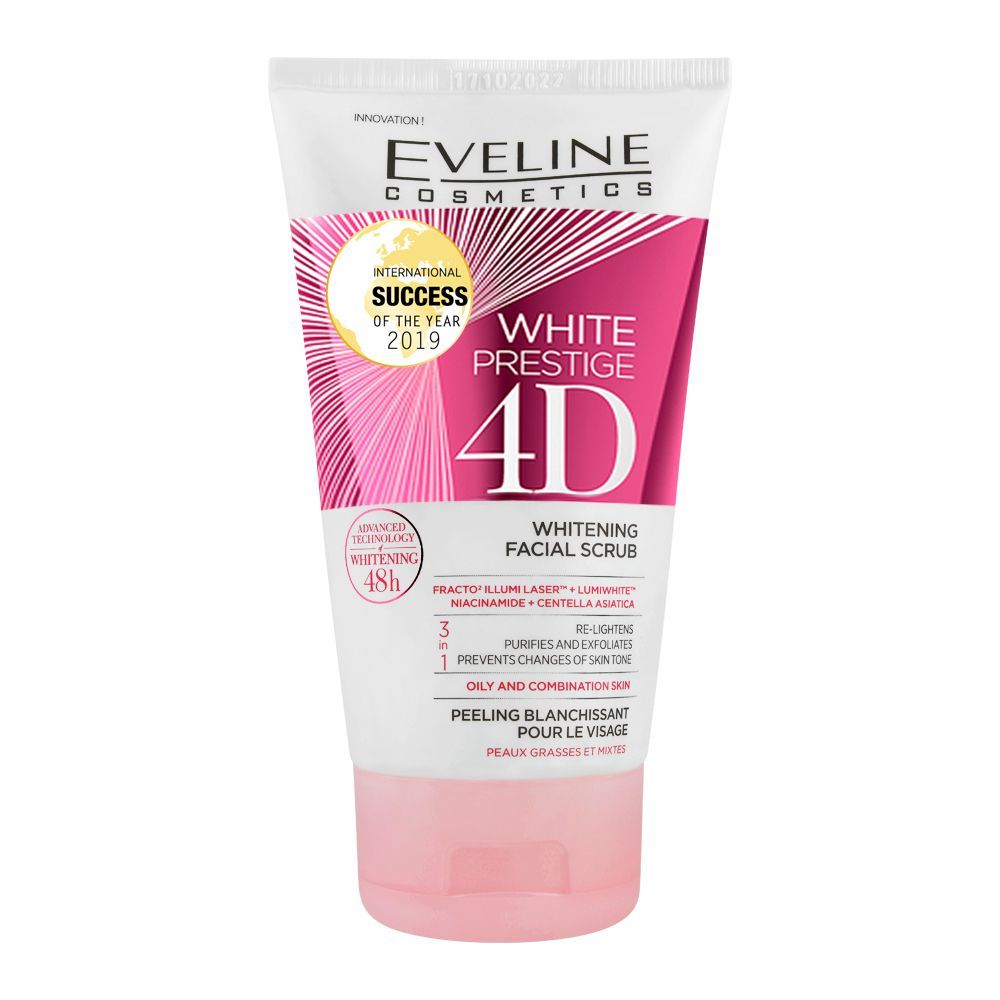 Eveline 48H White Prestige 4D 3-In-1 Whitening Facial Scrub, Oily & Combination Skin, 150ml - Front View