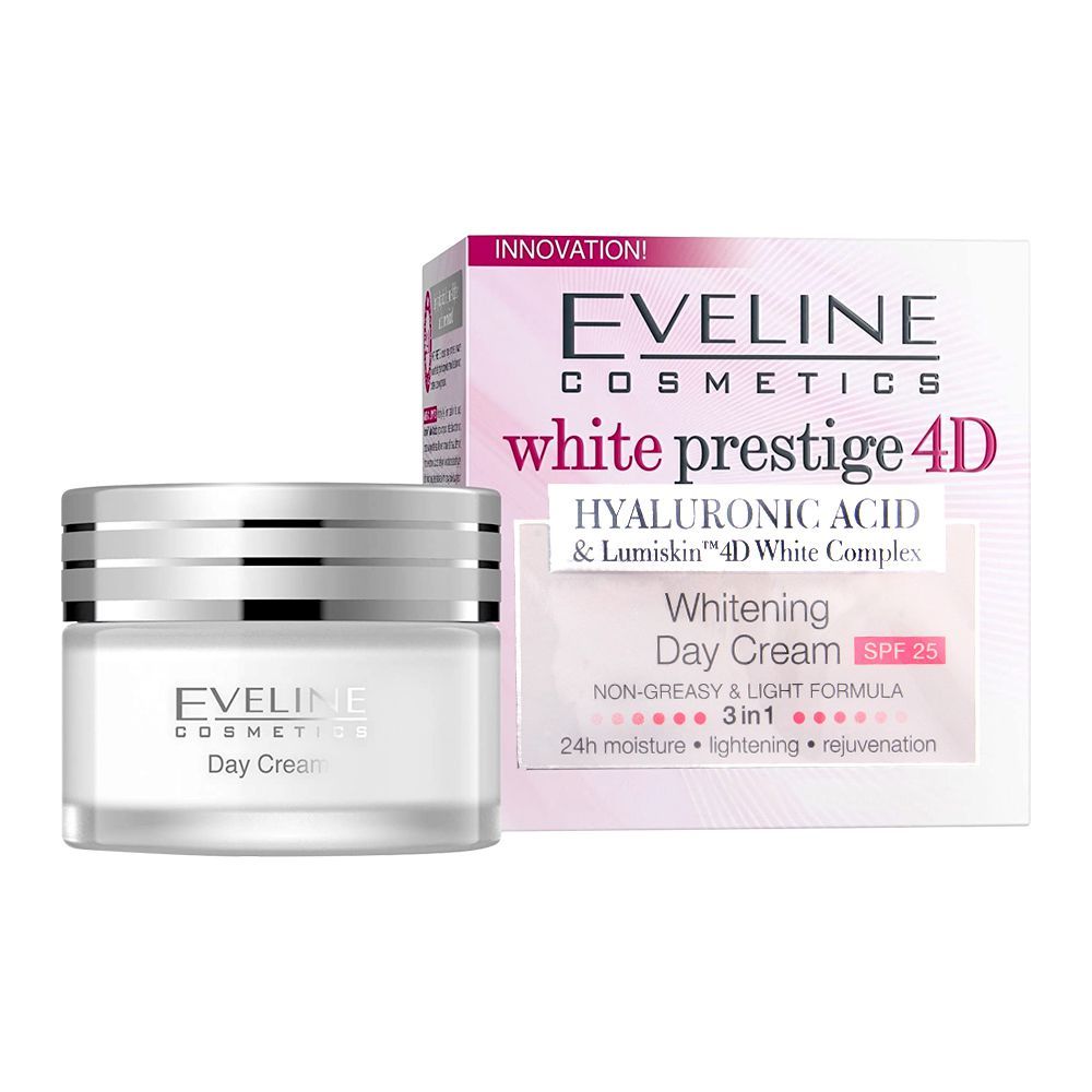 Eveline 3-In-1 White Prestige 4D Whitening Day Cream, SPF 25, Hyaluronic, 50ml - Front View