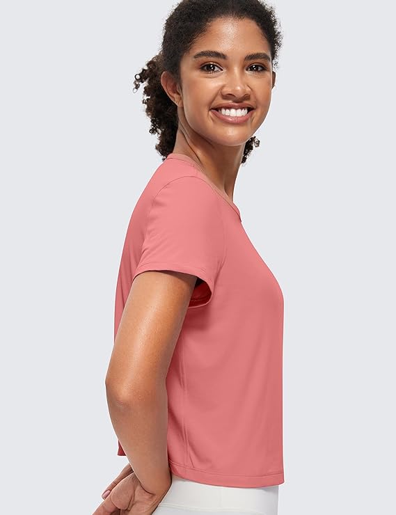 Women's Workout Crop Top T-Shirt Yoga Running Basic Tee Pink