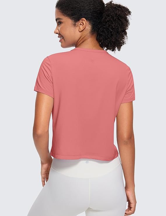 Women's Workout Crop Top T-Shirt Yoga Running Basic Tee Pink - Back View - AceCart