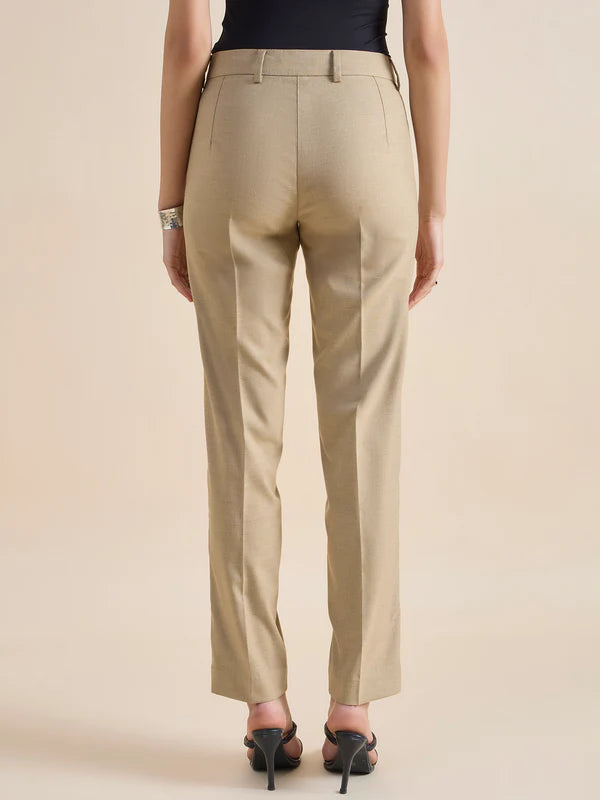 Beige Regular Fit Mid Waist Trouser Pants