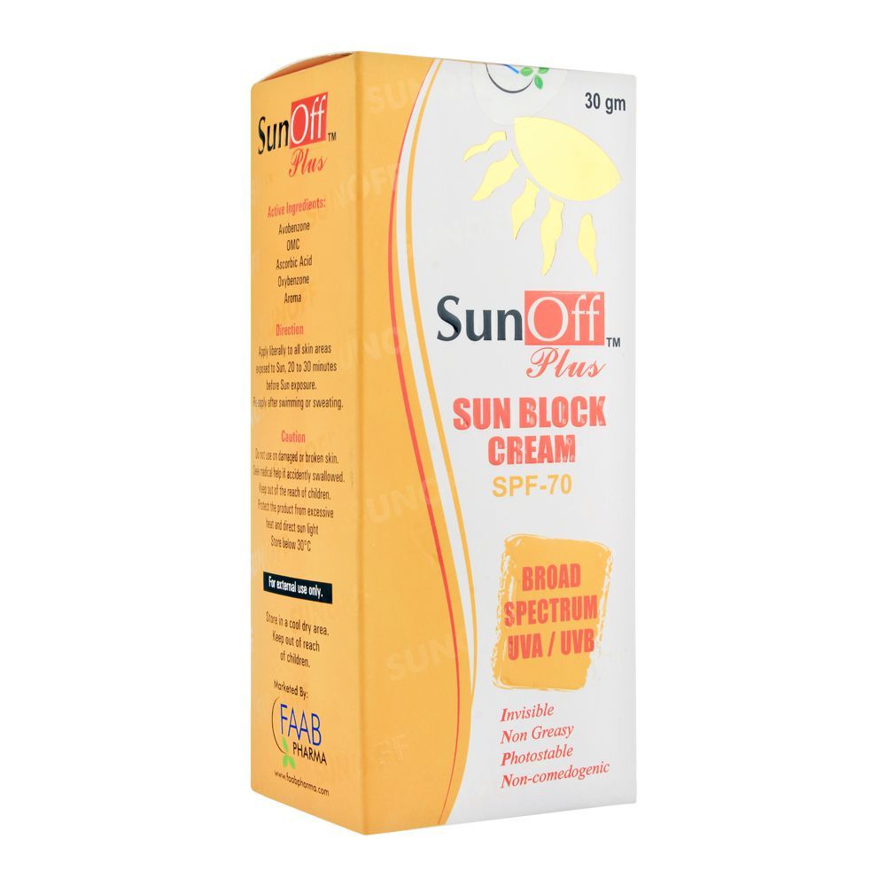 Sun Off Plus Sun Block Cream, SPF 70, Broad Spectrum UAV/UVB, 30g - Front View