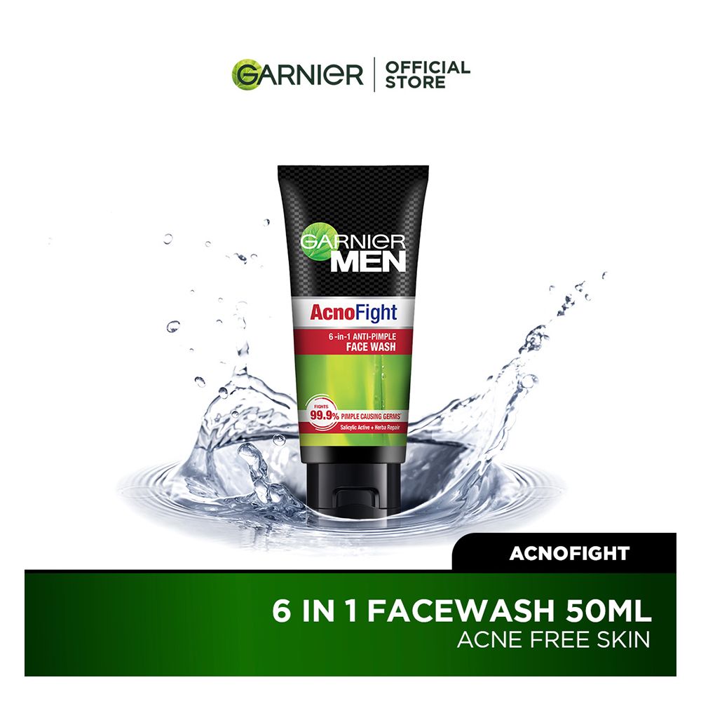 Garnier Men Acno Fight Anti-Pimple Face Wash 50ml - Suits All Skin Types, Including Sensitive And Acne-Related Skin Issues - Front View