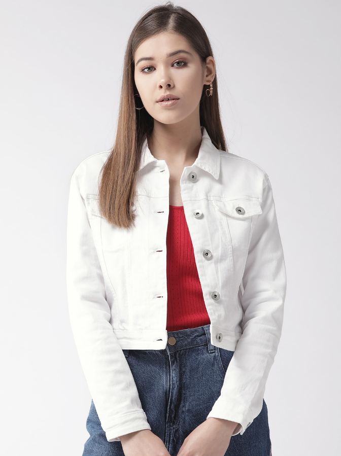 Women White Solid Denim Jacket  - Front View - Available in Sizes M
