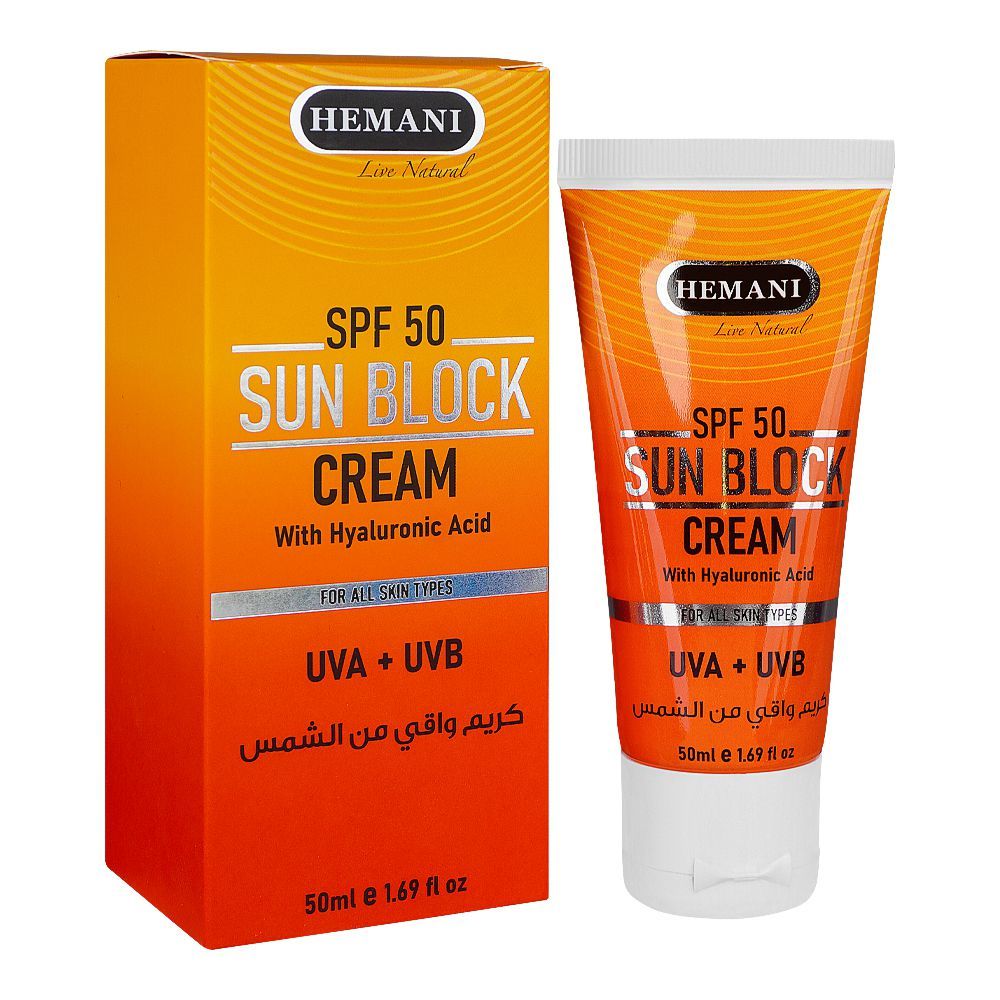Hemani Sun SPF-50 Block Cream With Hyaluronic Acid, For All Skin Types, Protects UVA+UVB, 50ml - Front View