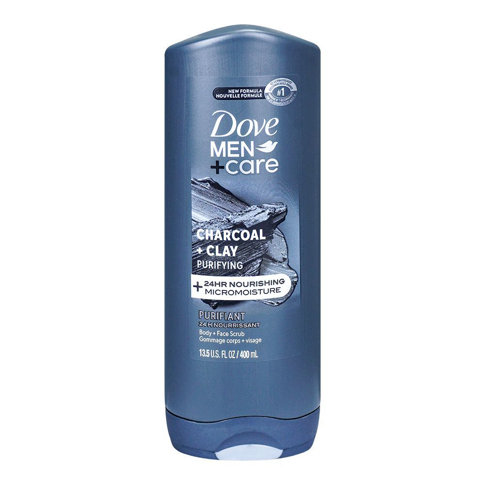 Dove Men+ Care Charcoal + Clay Purifying Micro Moisture Body & Face Wash, 400ml - Front View