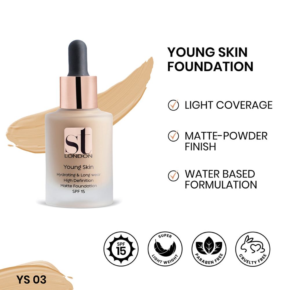 ST London Youthfull Young Skin Matte Foundation, YS 03, SPF 20, Long Wear, Bright Satin Finish - Front View