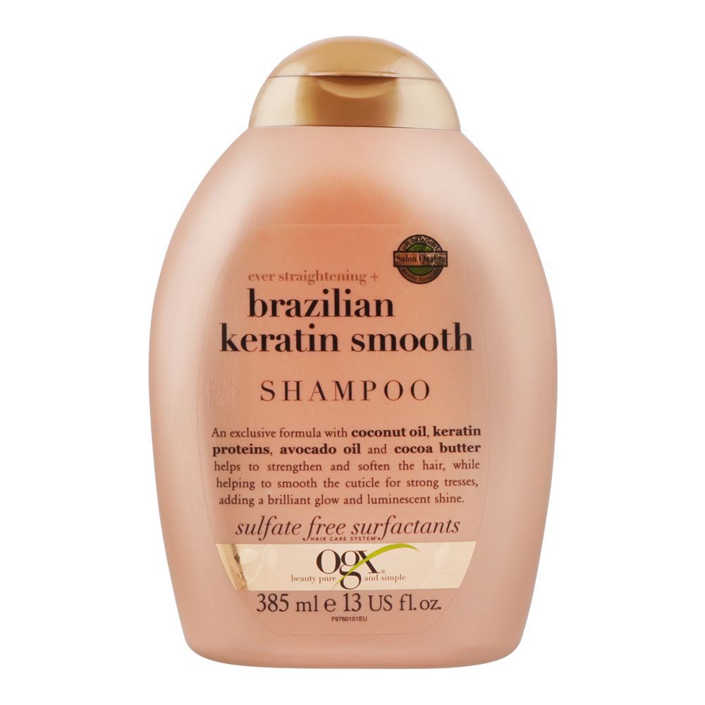OGX ever Straightening + Brazilian Keratin Smooth Shampoo Helps To Strengthen & Soften Hair 385ml - Front View