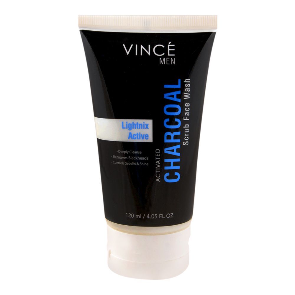 Vince Men Activated Charcoal Lightnix Active Scrub Face Wash, Paraben Free, Removes Blackheads, 120ml - Front View