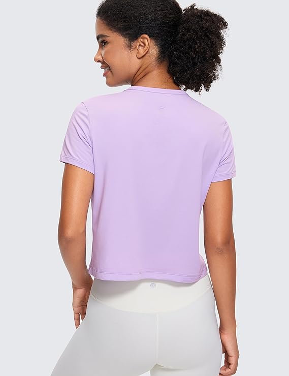 Women's Workout Crop Top T-Shirt Yoga Running Basic Tee Light Purple - Back View - AceCart