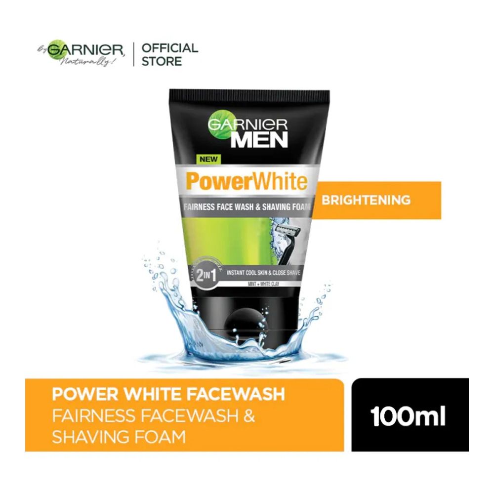 Garnier Power White Face Wash & Shaving Foam 100ml - Grooming Solution for Men’s Skin Needs - Front View