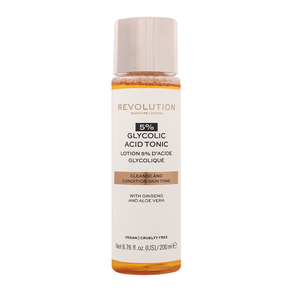 Makeup Revolution 5% Glycolic Acid Tonic, With Ginseng & Aloe Vera, 200ml - Front View