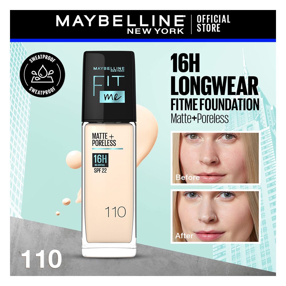 Maybelline New York Fit Me Matte + Poreless SPF 22 Foundation, 110 Porcelain, 30ml - Front View