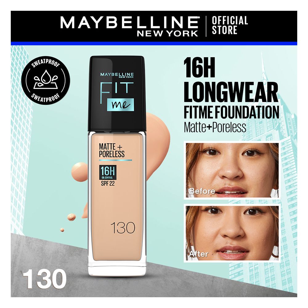 Maybelline New York Fit Me Matte + Poreless SPF 22 Foundation, 130 Buff Beige, 30ml - Front View