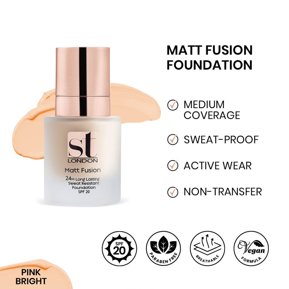 ST London Matt Fusion 24H Long Lasting Sweat Resistant Foundation, SPF 20, Pink Bright - Front View