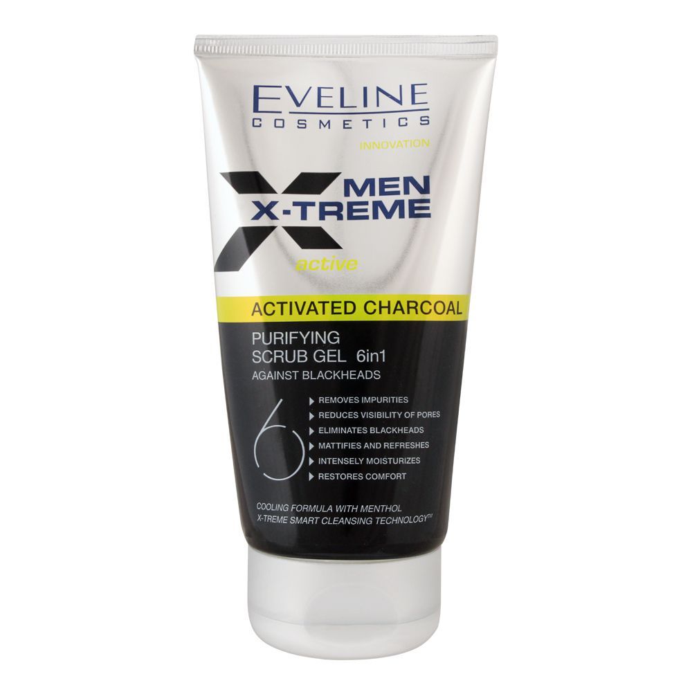 Eveline Men X-Treme Active Activated Charcoal 6-In-1 Purifying Scrub Gel, 150ml - Front View