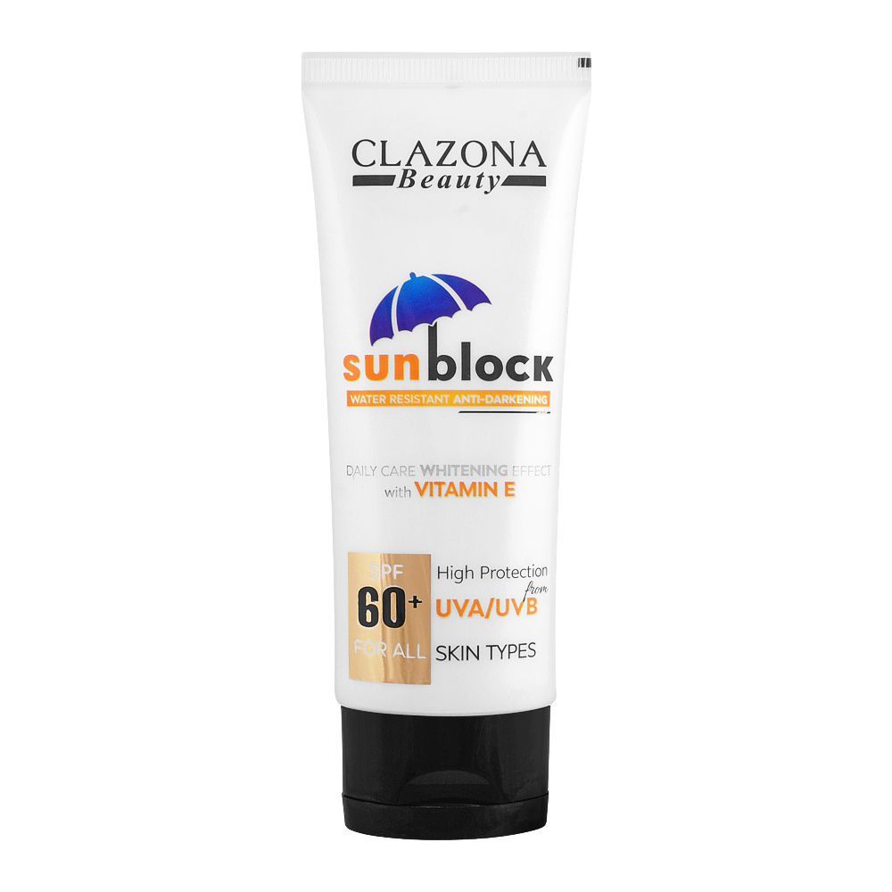 Clazona Beauty, Water Resistant Anti-Darkening, Sunblock, SPF-60+, 100ml - Front View