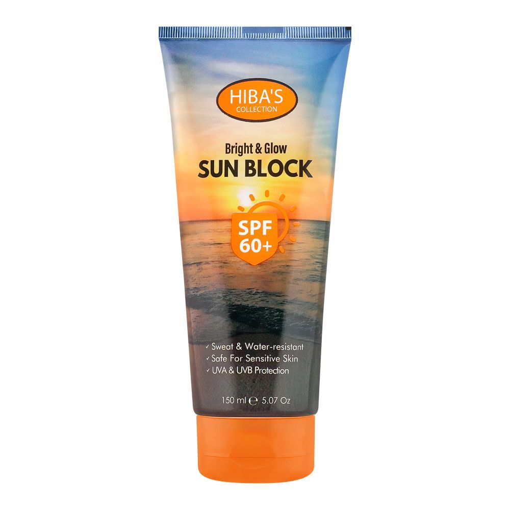 Hiba's Collection Bright & Glow Sun Block SPF 60+, Safe For Sensitive Skin, 150ml - Front View