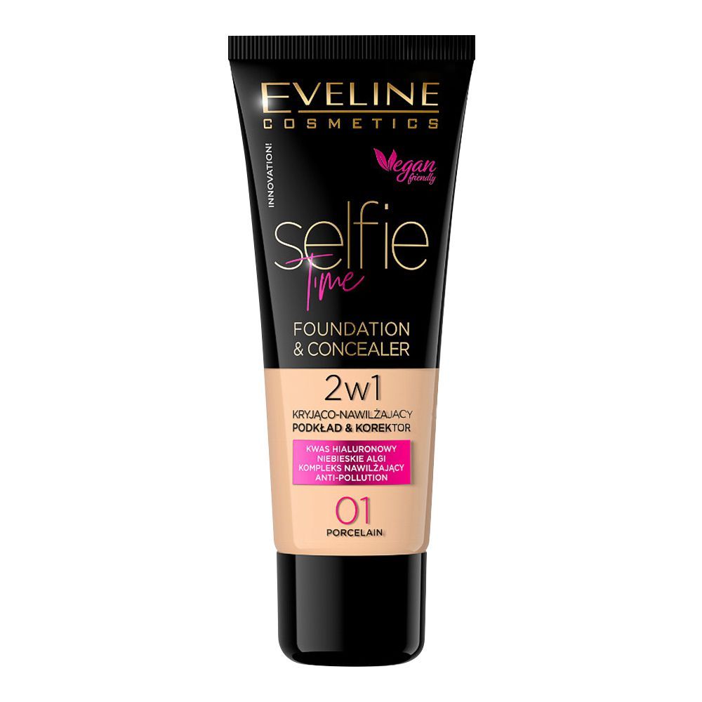 Eveline Selfie Time 2-In-1 Foundation & Concealer, 01, Porcelain - Front View