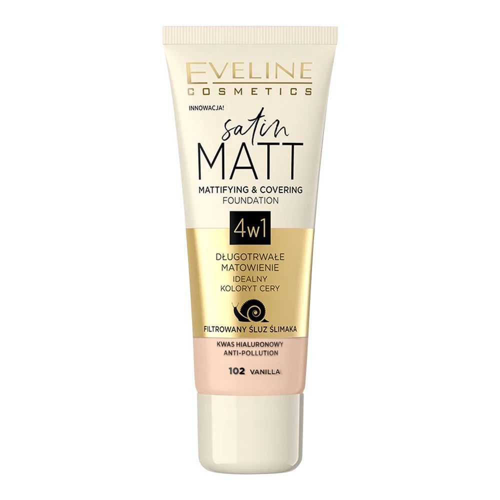 Eveline Satin Matt 4in1 Mattifying & Covering Foundation, 102, Vanilla - Front View