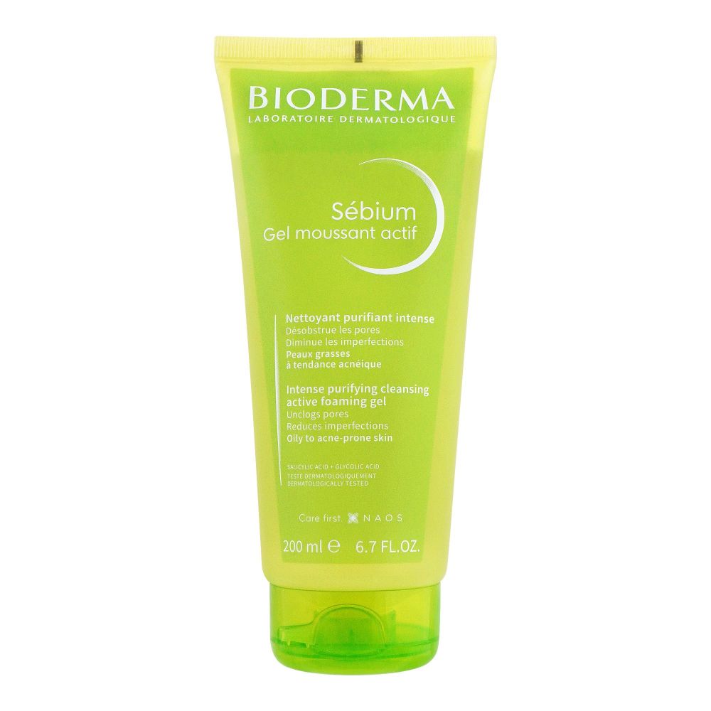 Bioderma Sebium Gel Moussant Actif Intense Purifying Cleansing Active Foaming Gel, Oily To Acne-Prone Skin, 200ml - Front View