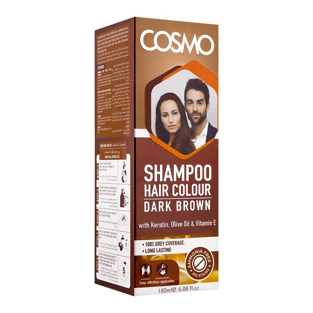 Cosmo Shampoo Hair Color, Dark Brown, 180ml - Front View