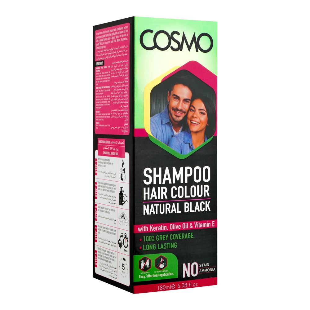 Cosmo Shampoo Hair Color, Natural Black, 180ml - Front View