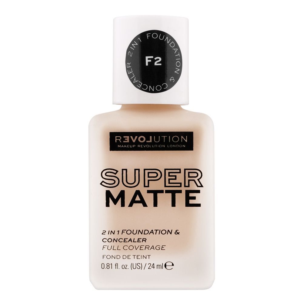 Makeup Revolution Relove Super Matte 2-In-1 Foundation & Concealer, F2 - Front View