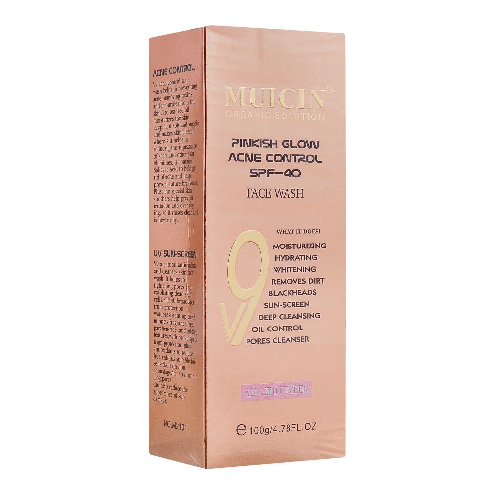 Muicin V9 Pinkish Glow Acne Control SPF-40 All Skin Type Face Wash, All Skin Types, 100g - Front View