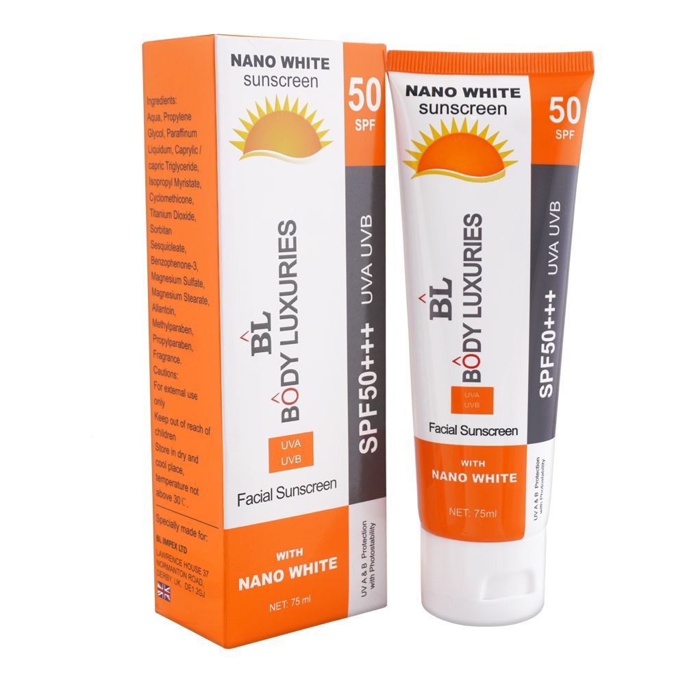 Body Luxuries Nano White Facial Sunscreen SPF+50, 75ml - Front View
