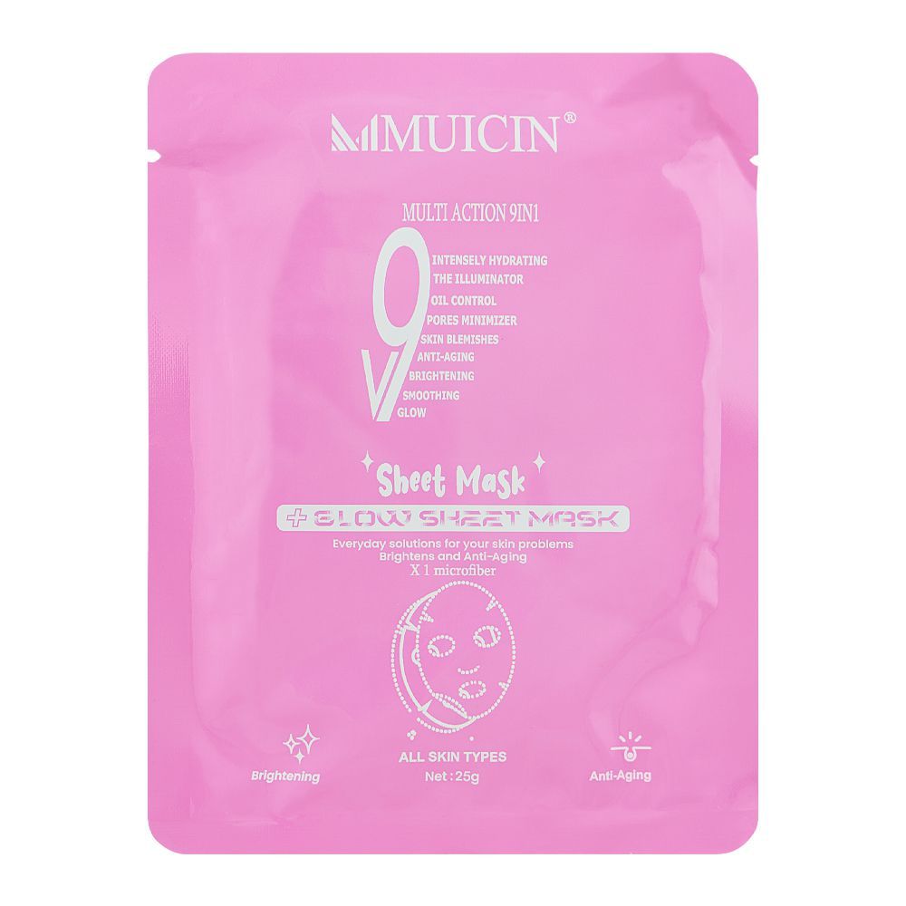 Muicin V9 Multi Action 9-In-1 Intensely Hydrating Glow Sheet Mask, For All Skin Types, 25g - Front View