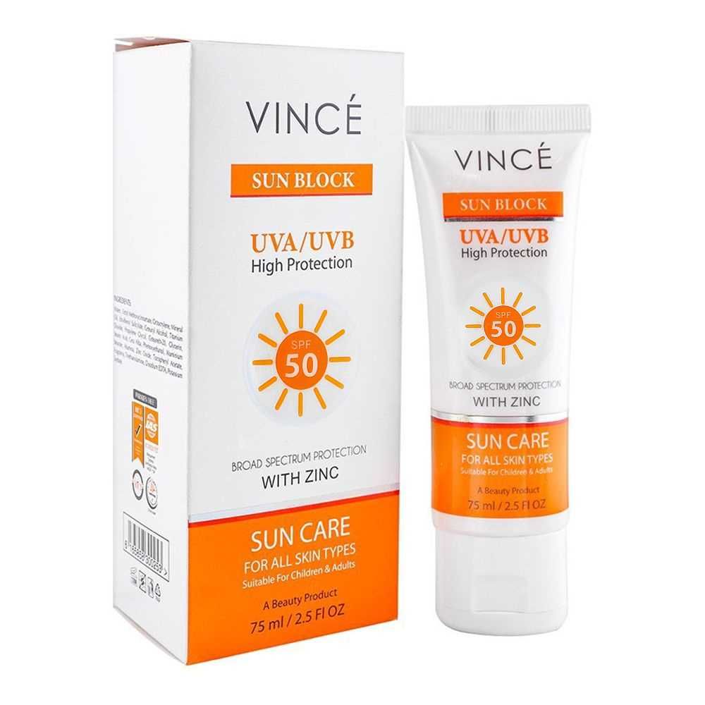 Vince Sun Block UVA & UVB High Protection SPF-50 With Zinc Sun Care, For All Skin Types, 75ml - Front View