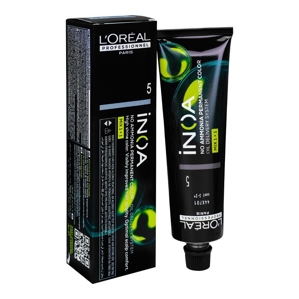 L'Oreal Professionnel Inoa No Ammonia Permanent Hair Colouring Cream, 5 Light Brown, 60g - Front View