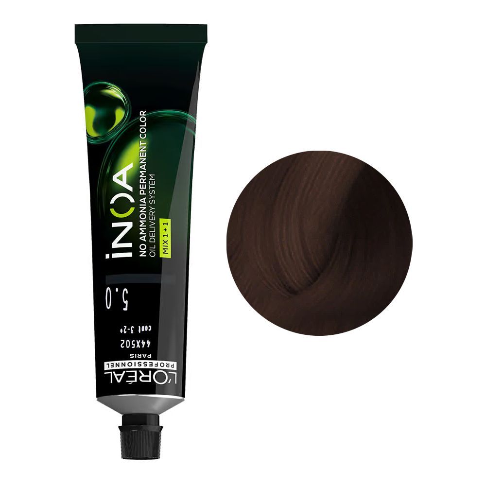 L'Oreal Professionnel Inoa No Ammonia Permanent Hair Coloring Cream, 5.0 Deep Cover Light Brown, 60g - Front View