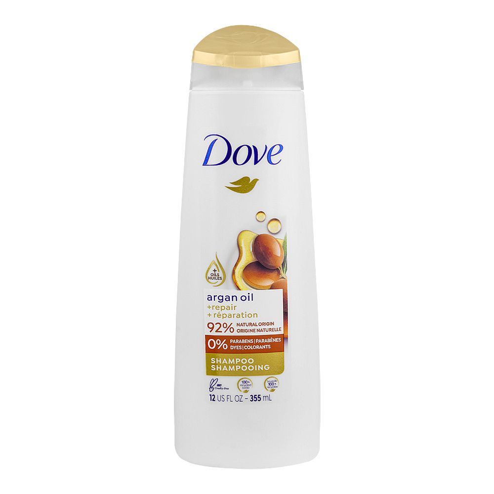 Dove Argan Oil Paraben Free Shampoo, For Damaged Hair, 355ml - Front View