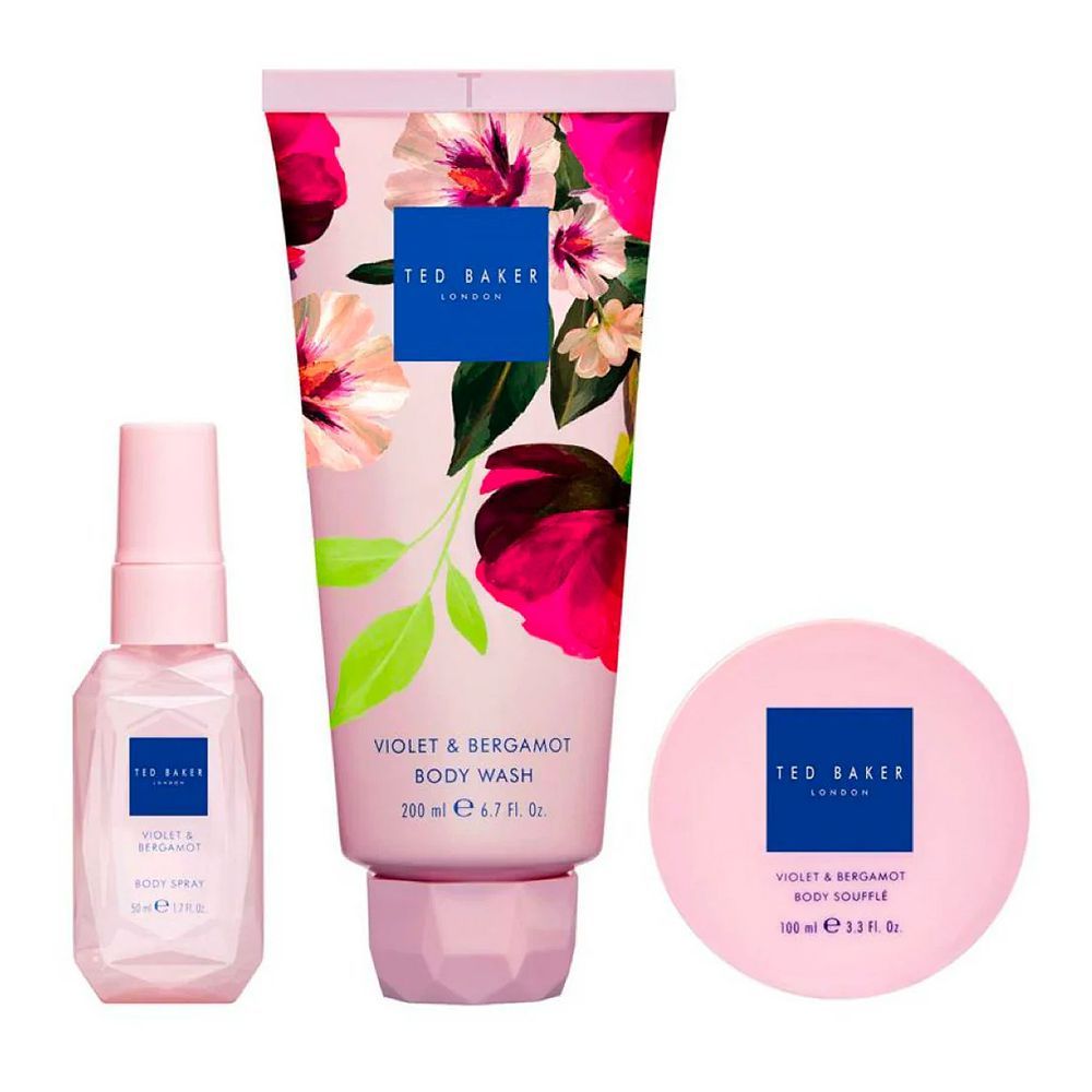 Ted Baker Violet & Bergamot Gift Set: Body Spray 50ml, Body Wash 200ml & Body Souffle 100ml, For Women, 3-Pack - Front View