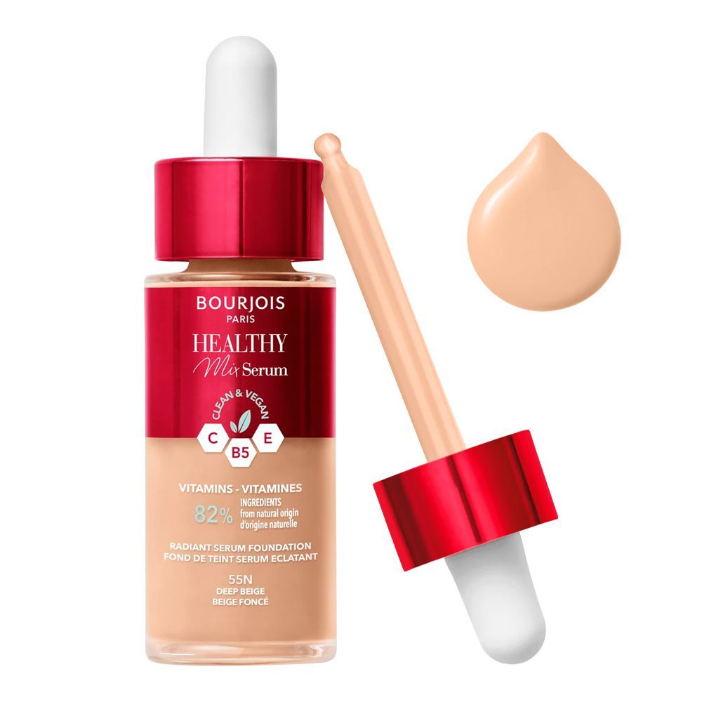 Bourjois Healthy Mix Clean & Vegan Radiant Serum Foundation, Vitamins 82%, 55N Deep Beige, 30ml - Front View