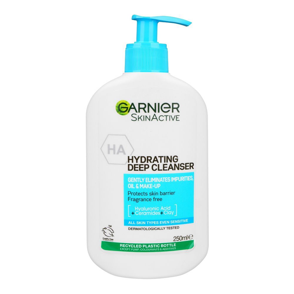 Garnier Skin Active HA Hydrating Deep Cleanser, Hyaluronic Acid+Clay, For All Skin Types, 250ml - Front View