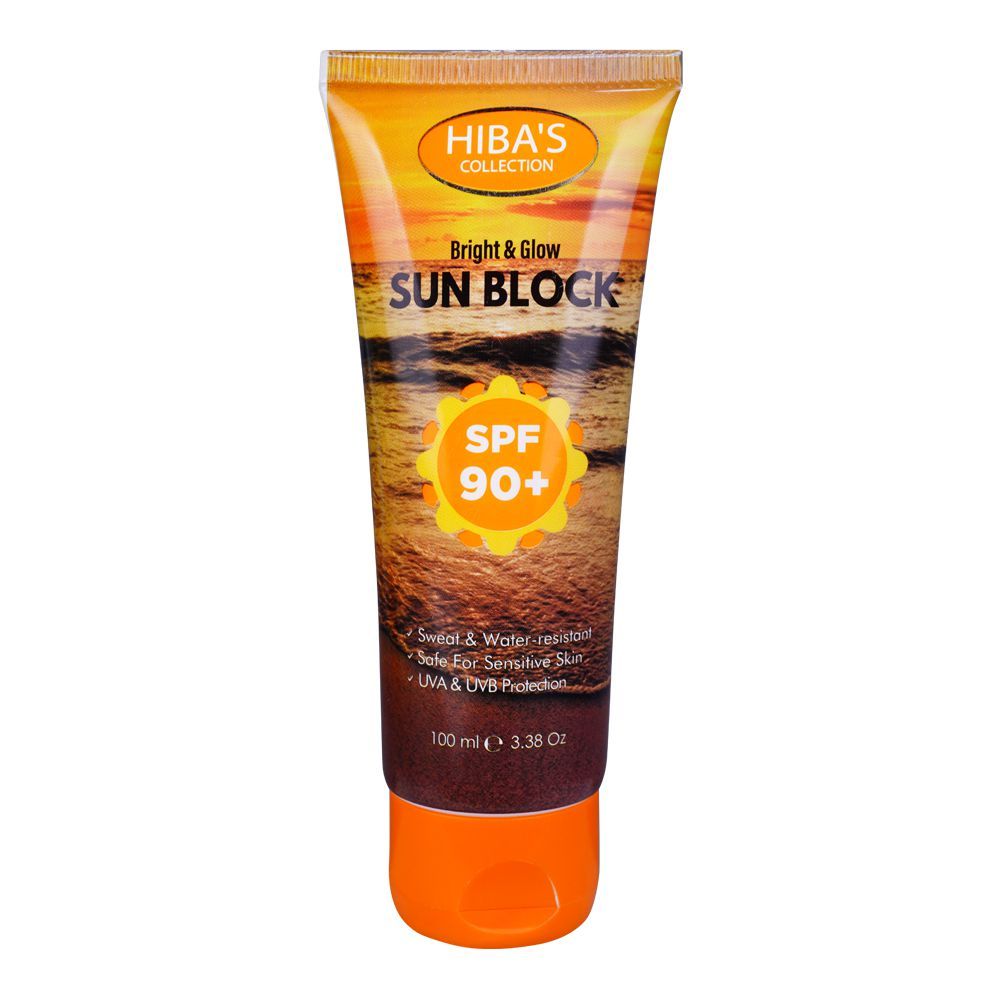 Hiba's Bright & Glow Sun Block, SPF 90+, Water Resistant, Safe For Sensitive Skin, 100ml - Front View