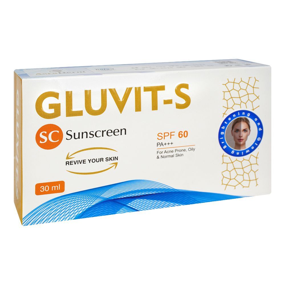 Gluvit's Sunscreen SPF-60, PA+++, For Acne Prone, Oily & Normal Skin, Revive Your Skin, 30ml - Front View