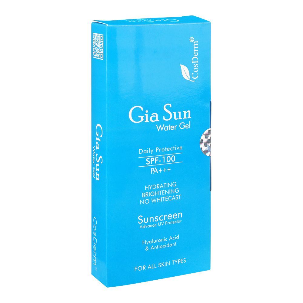 Cosderm Gia Sun Water Gel, SPF-100, PA+++, For All Skin Types, Hyaluronic Acid & Antioxidant, No White Cast - Front View